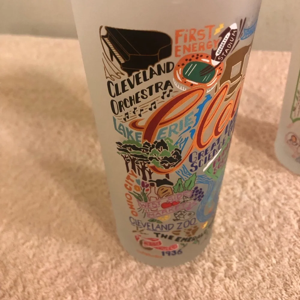Lot of 2 6” Frosted Ohio & Cleveland Souvenir Glasses